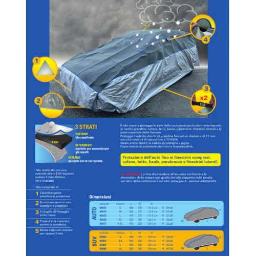 Telo copriauto antigrandine con protezione FINESTRINI per SUV 520x155x190 cm